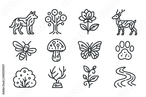 Genetic Wilderness Icons. Outline icon set of Genetic Wilderness: bioengineered wolf, luminous tree, hybrid