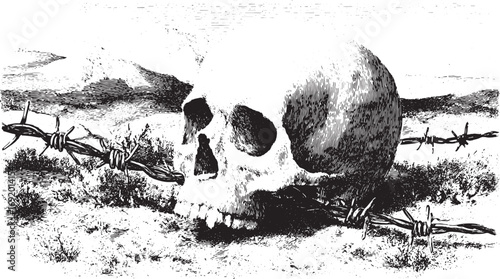 Skull and barbed wire in a desert landscape. Vintage monochrome engraving style vector illustration with detailed line art texture.