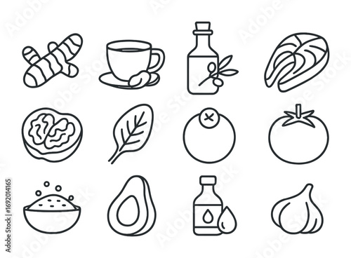 Anti-Inflammatory Foods Icons. Outline icon set of Anti-Inflammatory Foods: turmeric root, ginger tea, olive