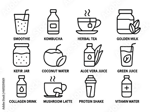 Functional Beverage Icons. Outline icon set of Functional Beverages: smoothie glass, kombucha bottle, herbal