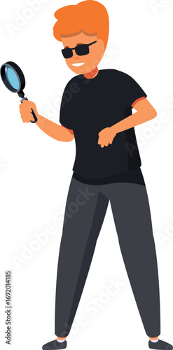 Redhead detective holding magnifying glass, investigating crime scene, searching for evidence