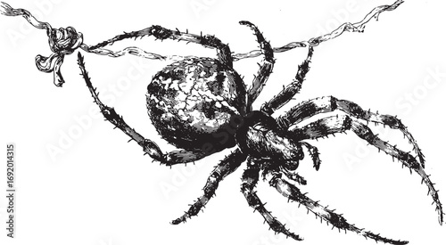 Spider with detailed hairy legs hanging from web. Monochrome hand-drawn ink vector illustration with realistic texture and fine lines.