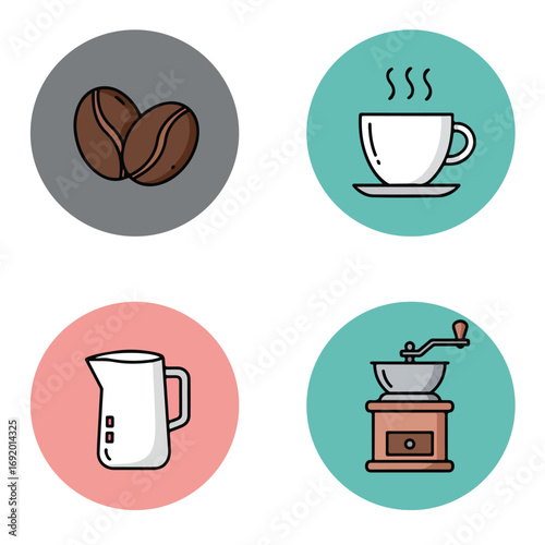 Coffee items beans, cup, milk, grinder