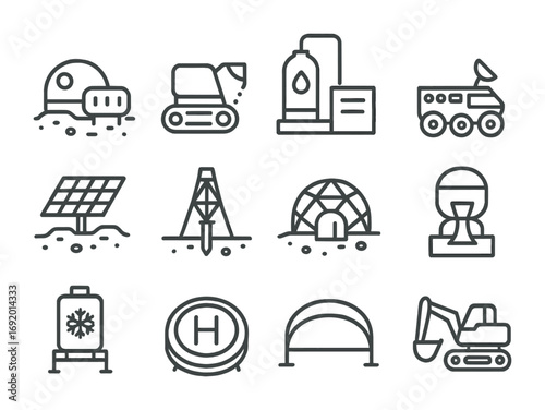 Lunar Mining Icons. Outline icon set of Lunar Mining: moon base, regolith collector, oxygen extractor, lunar
