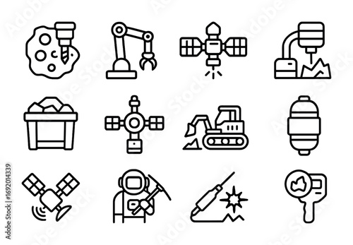 Space Mining Icons. Outline icon set of Space Mining: asteroid drill, robotic arm, mining spacecraft, laser