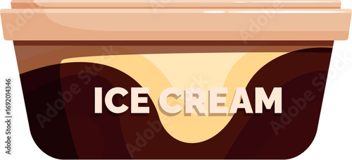 Closed plastic tub containing two flavors of ice cream, chocolate and vanilla