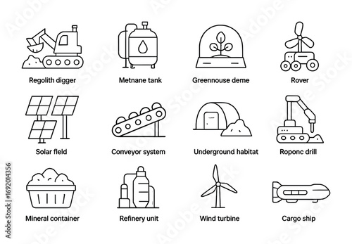 Martian Mining Icons. Outline icon set of Martian Mining: regolith digger, methane tank, greenhouse dome,