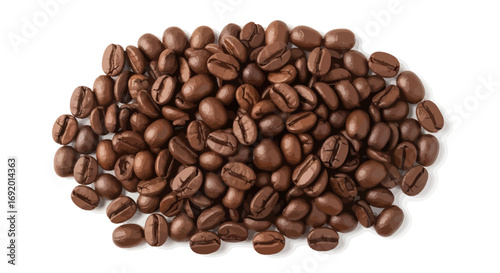 Roasted coffee beans piled high on a white background.