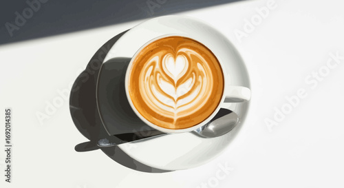 Aromatic latte art on a white saucer, showcasing a heart and leaf pattern.
