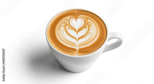 Aromatic latte art in a white cup, showcasing a delicate heart design.