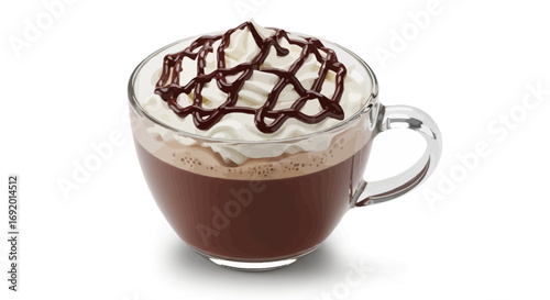 A close-up view of a warm, decadent chocolate beverage topped with whipped cream and chocolate drizzle.