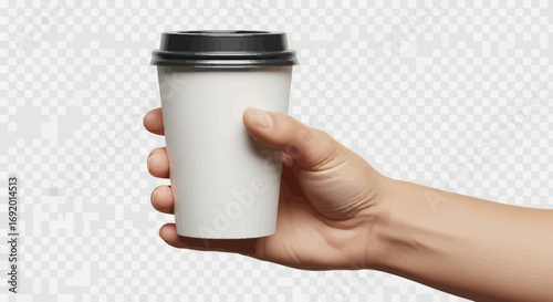 A hand holds a white disposable coffee cup with a black lid against a transparent background.