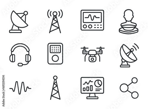Mining Communication Icons. Outline icon set of Mining Communication Systems: satellite dish, antenna mast,