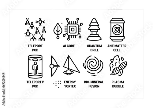 Futuristic Mining Icons. Outline icon set of Future Mining Concepts: nanobot swarm, AI core, quantum drill,