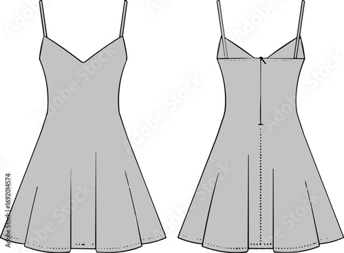 Flat technical fashion sketch of women’s skater dress with spaghetti straps and flared hem, front and back view, vector garment template