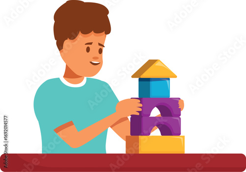 Young boy concentrating on building a tower with colorful toy blocks, developing fine motor skills and creativity