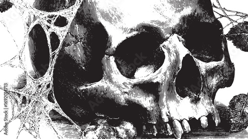 Black and white skull with cobwebs in vintage engraving style. Gothic horror bone anatomy vector illustration.