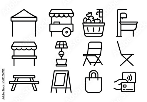 Open-Air Market Icons. Outline icon set of Open-Air Markets: canopy tent, vendor cart, produce basket,