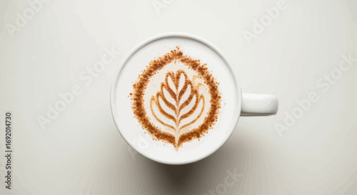 Aromatic latte art design of a leaf on a white cup.
