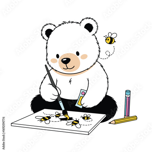 Cute white bear painting bees on canvas with brush watercolors and pencil nearby illustration