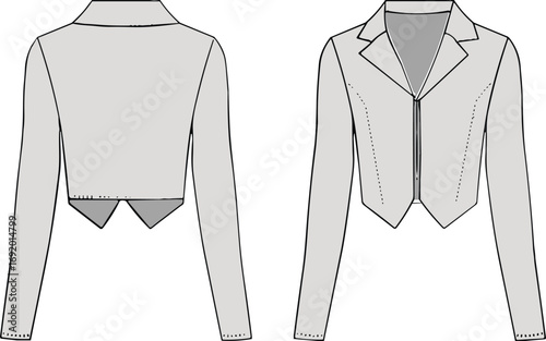 Flat technical sketch of women’s cropped blazer jacket with pointed hem and lapel collar, front and back view, vector fashion template