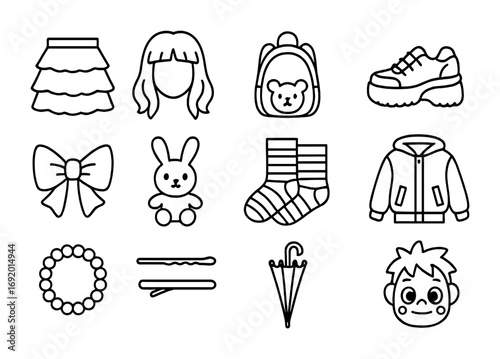 Harajuku Fashion Icons. Outline icon set of Harajuku Fashion: layered skirts, colorful wig, kawaii backpack,