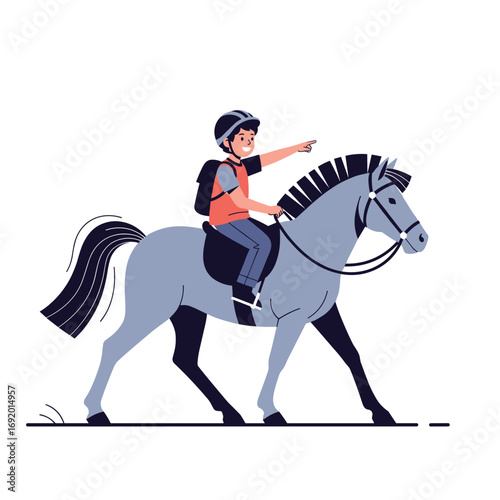 Young equestrian rider shows direction while riding majestic gray horse with flowing mane