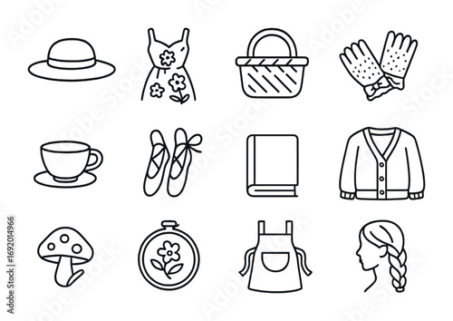 Cottagecore Fashion Icons. Outline icon set of Cottagecore Fashion: straw hat, floral dress, basket, lace