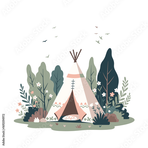 Enchanting woodland scene with a rustic tent amidst lush green trees and delicate flowers