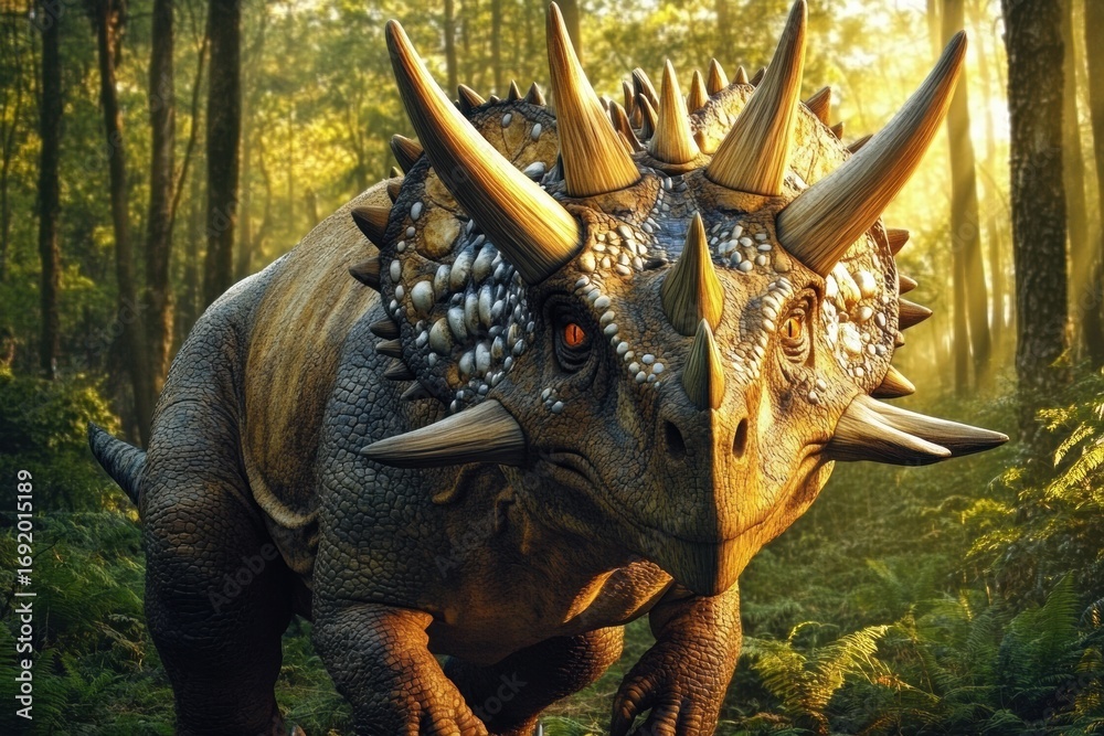 Fototapeta premium Digital illustration triceratops dinosaur forest center image facing Realistic prehistoric scene: Herbivorous