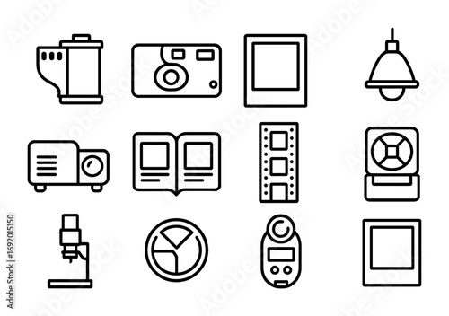 Analog Photography Icons. Outline icon set of Analog Photography: film roll, disposable camera, Polaroid photo