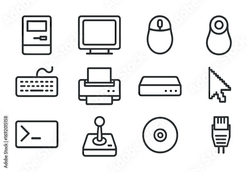 Retro Computer Icons. Outline icon set of Old Computers: beige PC case, CRT monitor, floppy drive, trackball