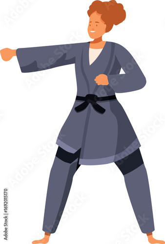 Woman practicing martial arts wearing a black belt is performing a karate punch