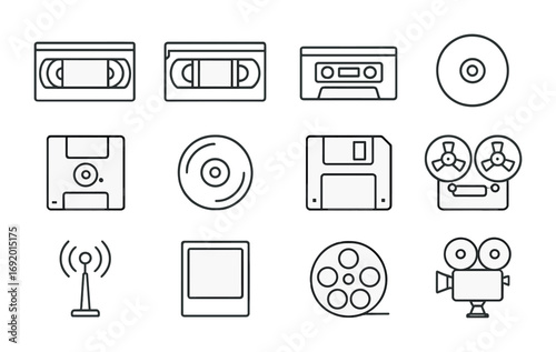 Retro Media Icons. Outline icon set of Retro Media: VHS cassette, Betamax tape, cassette tape, CD-ROM, mini