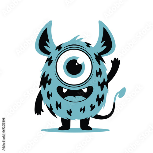 Cute blue one eyed monster character waving hello with big ears