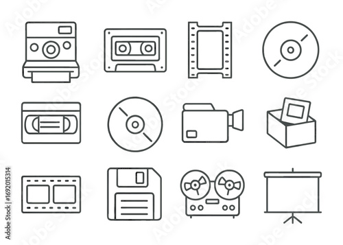 Retro Media Icons. Outline icon set of Media Nostalgia: Polaroid camera, cassette tape, film strip, record