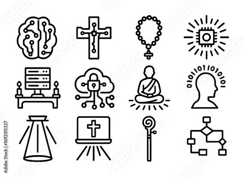 Machine Faith Icons. Outline icon set of Machine faiths: AI brain icon, robotic cross, circuit rosary, glowing