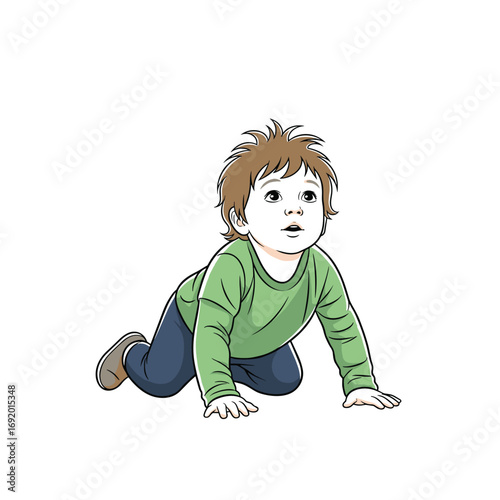 Curious toddler boy on hands and knees exploring the world with wide eyes and open mouth
