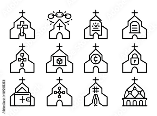 Blockchain Church Icons. Outline icon set of Blockchain churches: crypto cross, chain halo, glowing smart