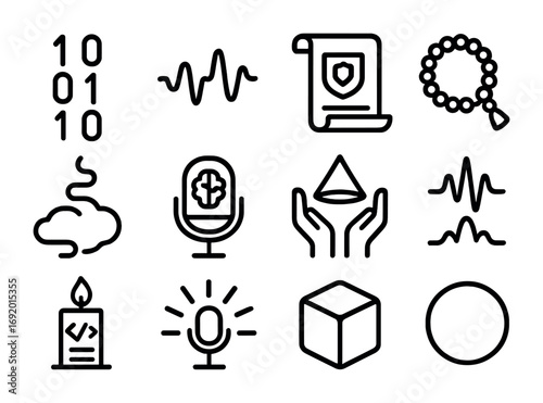 Data Prayer Icon Set. Outline icon set of Data prayers: binary mantra, algorithmic chant wave, encrypted