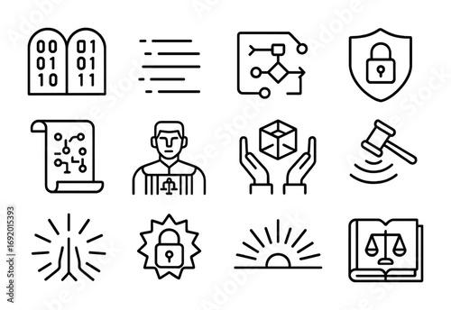Cyber Commandments Icons Grid. Outline icon set of Cyber commandments: binary stone tablets, glowing code