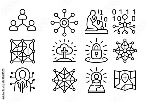 Faith Network Icons. Outline icon set of Faith networks: avatar nodes, glowing hub, binary prayer lines,