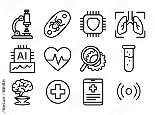 Micro-Robot Diagnostics Icons. Outline icon set of Micro-robot diagnostics: holographic microscope,