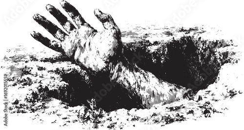 Hand and arm emerging from ground with dirt and hole. Vintage engraving with detailed texture in black and white vector illustration.