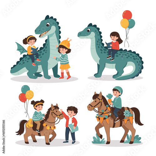 Children enjoying fun rides with mythical creatures and horses
