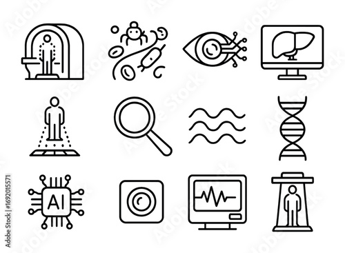 Nanobot Imaging Icons. Outline icon set of Nanobot imaging: MRI hologram, bloodstream nanobot, circuit eye,