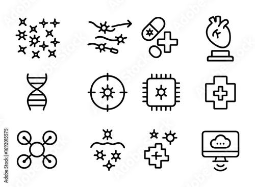 Micro-Robot Icon Set. Outline icon set of Micro-robot swarms: swarm cluster, bloodstream arrows, nanobot