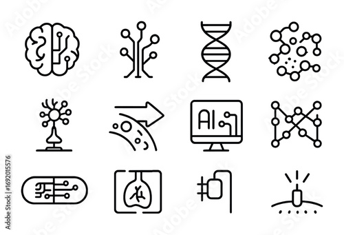 Neural Nanobot Icons. Outline icon set of Neural nanobots: brain outline, circuit icon, DNA strand, nanobot