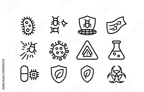 Antimicrobial Nanobots Icons. Outline icon set of Antimicrobial nanobots: bacteria icon, nanobot swarm,