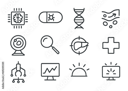 AI Nanomedicine Icon Set. Outline icon set of AI-assisted nanomedicine: AI brain chip, nanobot capsule, DNA